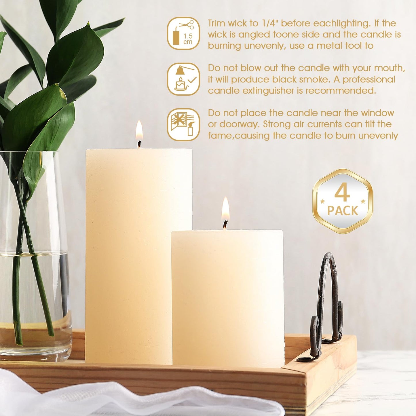 Uscented Pillar Candles, Ivory Pillar Candle Set of 4, 3 x 6 Inch Dripless and Smokeless Large Pillar Candles for Dinner Table, Christmas and Home Decor 45 Hours Long Burning Time