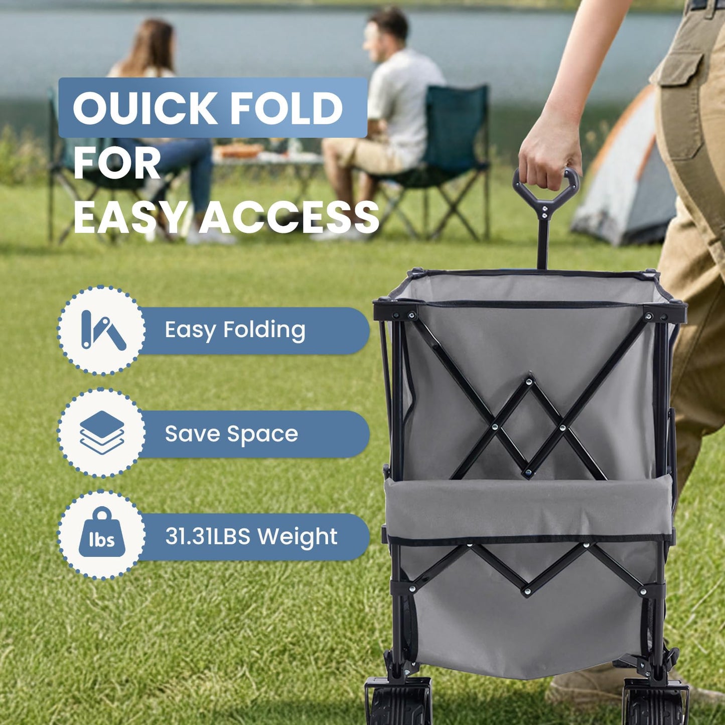 DUMOS 440LBS Heavy Duty Double Decker Wagon Cart with Extender, 400L Large Capacity Collapsible Folding Wagons with Brakes, Adjust Handle, All-Terrain Big Wheels for Garden Shopping Camping - Grey