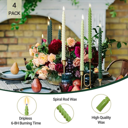 10 Inch Spiral Taper Candles for Home Decoration, 4 Pack Green-Gradient Candlesticks for Dinner Party Wedding Holiday Spring - Green Series