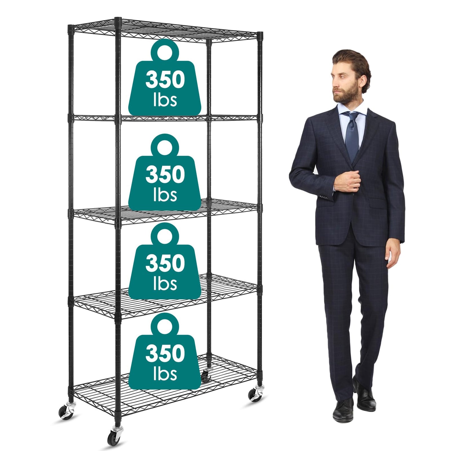 WDT 5-Shelf Shelving Units on Wheels Casters, Adjustable Heavy Duty Metal Shelf Wire Storage Rack for Home Office Garage Kitchen Bathroom Organization(16”Wx36”Dx75”H), Black
