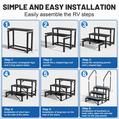 RV Steps Spa Steps with Handrail - 3 Step Hot Tub Steps Trailer Steps Mobile Home Stairs for 5th Wheel RV, Trailer, Hot Tub, Pool, Porch with Non-Slip Mats