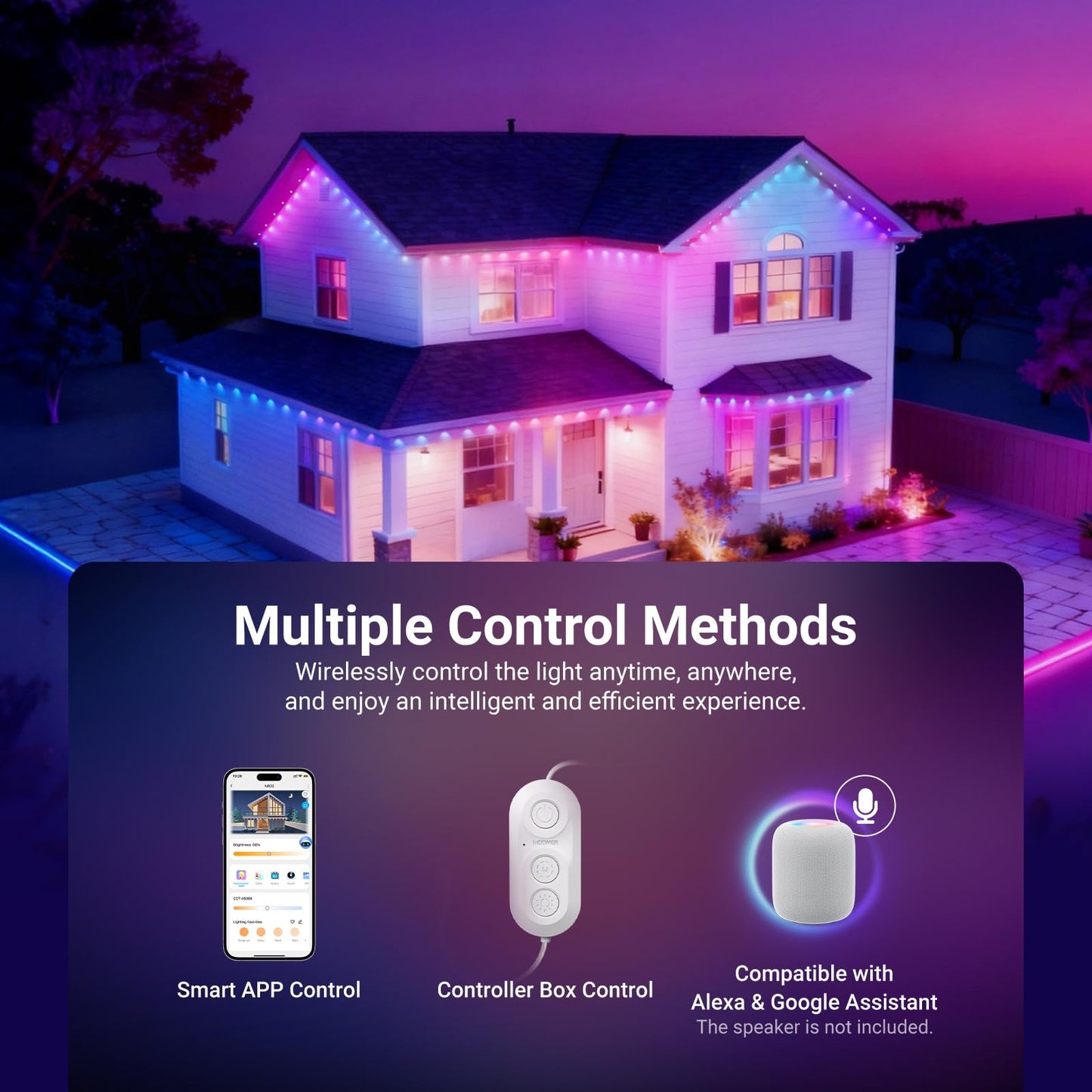 NEEWER 144ft Permanent Outdoor Lights for House Decor, Smart AI RGBCW Outside Eaves String Christmas Lighting with 90 LED Lights App Control 50+ Scenes IP65 Waterproof, Compatible with Alexa, NR02