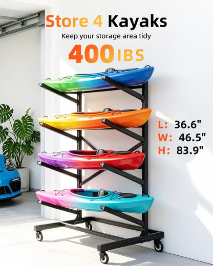 Ultrawesome 4-Tier Single-Sided Kayak Storage Rack with Wheels, Heavy Duty Freestanding Canoe Stand for 4 Kayaks, 400lbs Capacity, Adjustable Arms, Indoor Outdoor Garage Shed Dock Use
