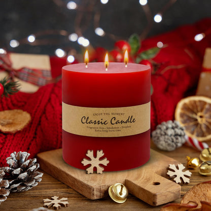 3 Wick Red Extra Large Pillar Candle, 6" x 6", Unscented, Dripless, Smokeless, and Clean-Burning. Approx. 120 Hours of Burn Time. Perfect for Weddings, Dinners, Christmas and Home Decor