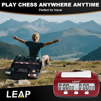 LEAP Chess Clock Digital Chess Timer Professional for Board Games Count Up/Down Timer with AlarmBonus and Delay Features Easy to Setup (Red/Black)