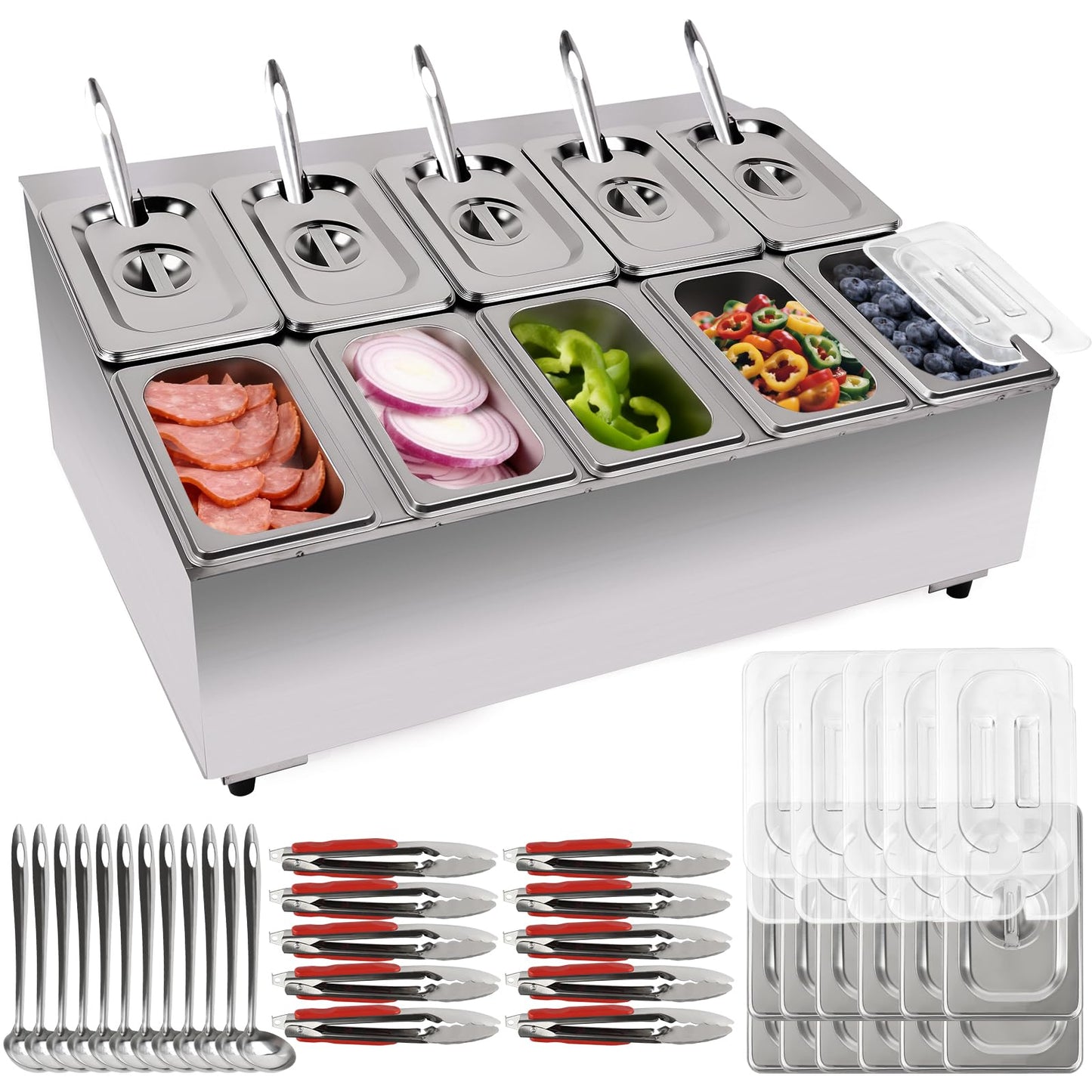 Lanstics Pizza Topping Station 10 Pans Pizza Storage Container Topping containers with Lids Spoon Condiment Organizers Buffet Containers Set for Restaurant Pizza Sauce Jam Fruit Ingredient