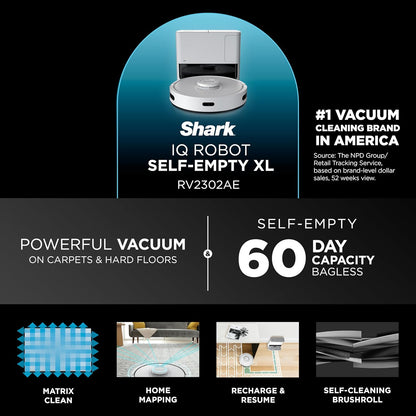 Shark IQ Robot Vacuum with Bagless Self-Empty 60 Day Capacity Base, Multi-Surface Cleaning, Powerful Suction, Pet Hair Pickup, for Carpets & Hardfloors, Home Mapping, White, RV2302AE