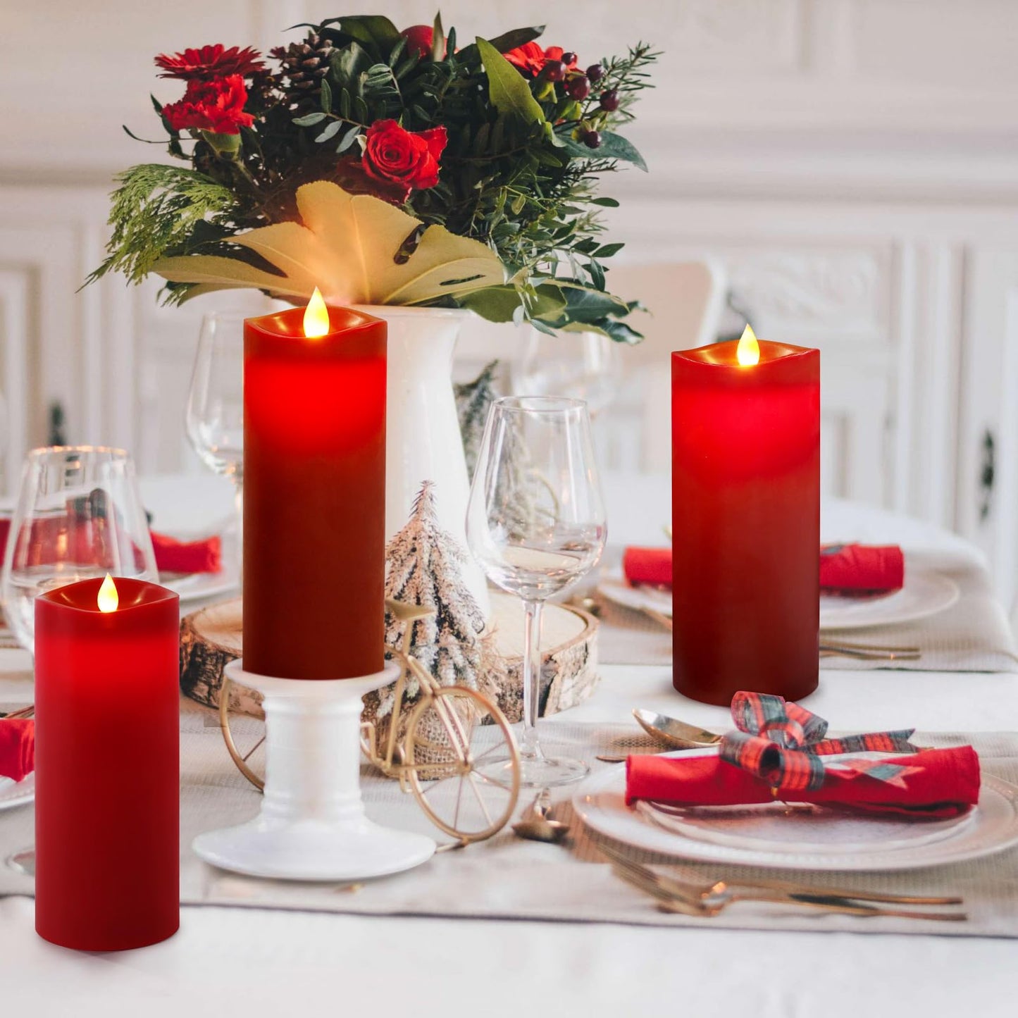 Enpornk 7” x 3” Flameless Candles, Flickering Moving Flame LED Candles, Battery Operated Candles with Remote and Timers, Burgundy, Set of 2