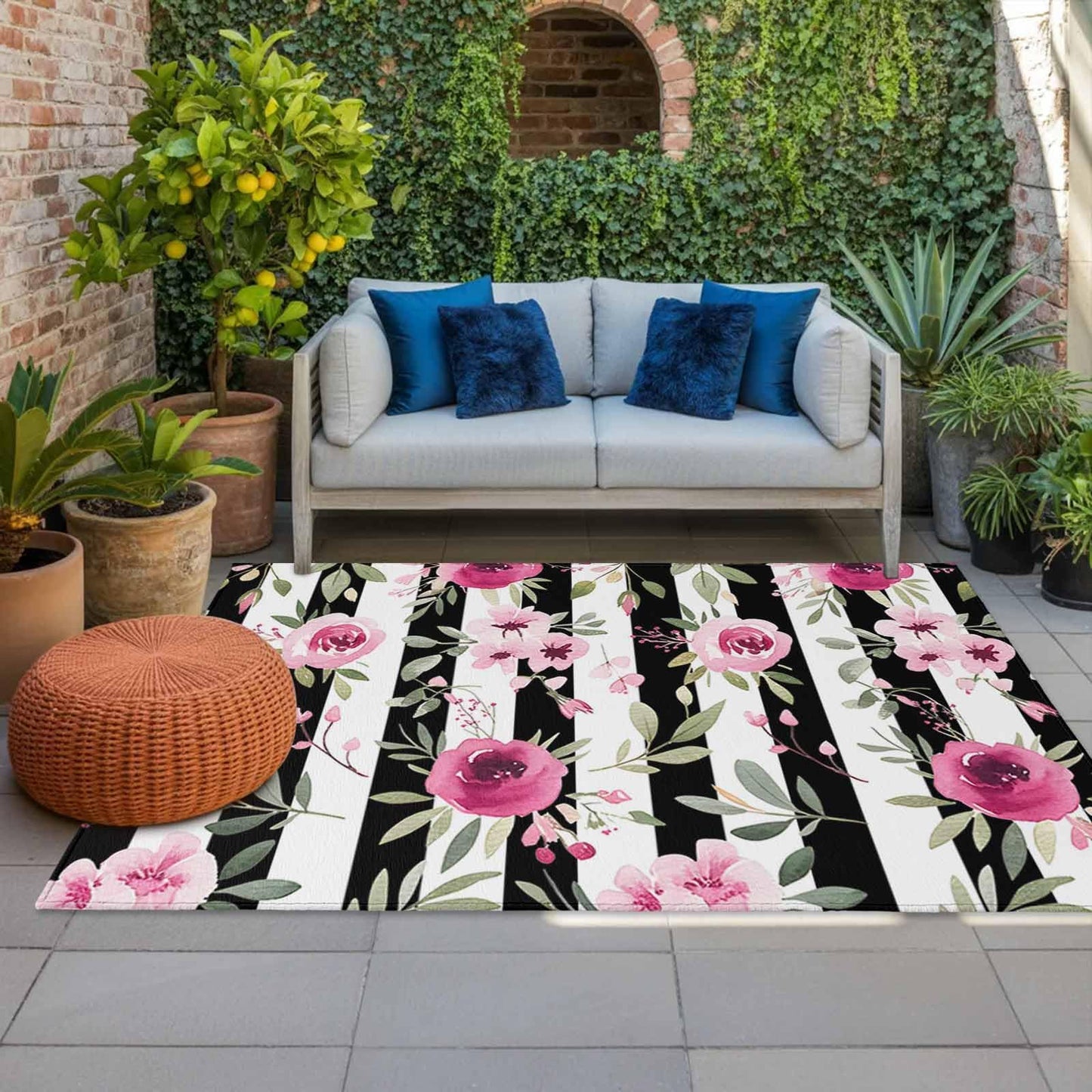 Outdoor Patio Rugs Pink Flowers Illustration Outdoor Area Rug Black and White Stripe Non-Slip Backyard/Camping RV Rug/Deck/Porch Rug Front Door Floor Mat Carpet,5x8ft,