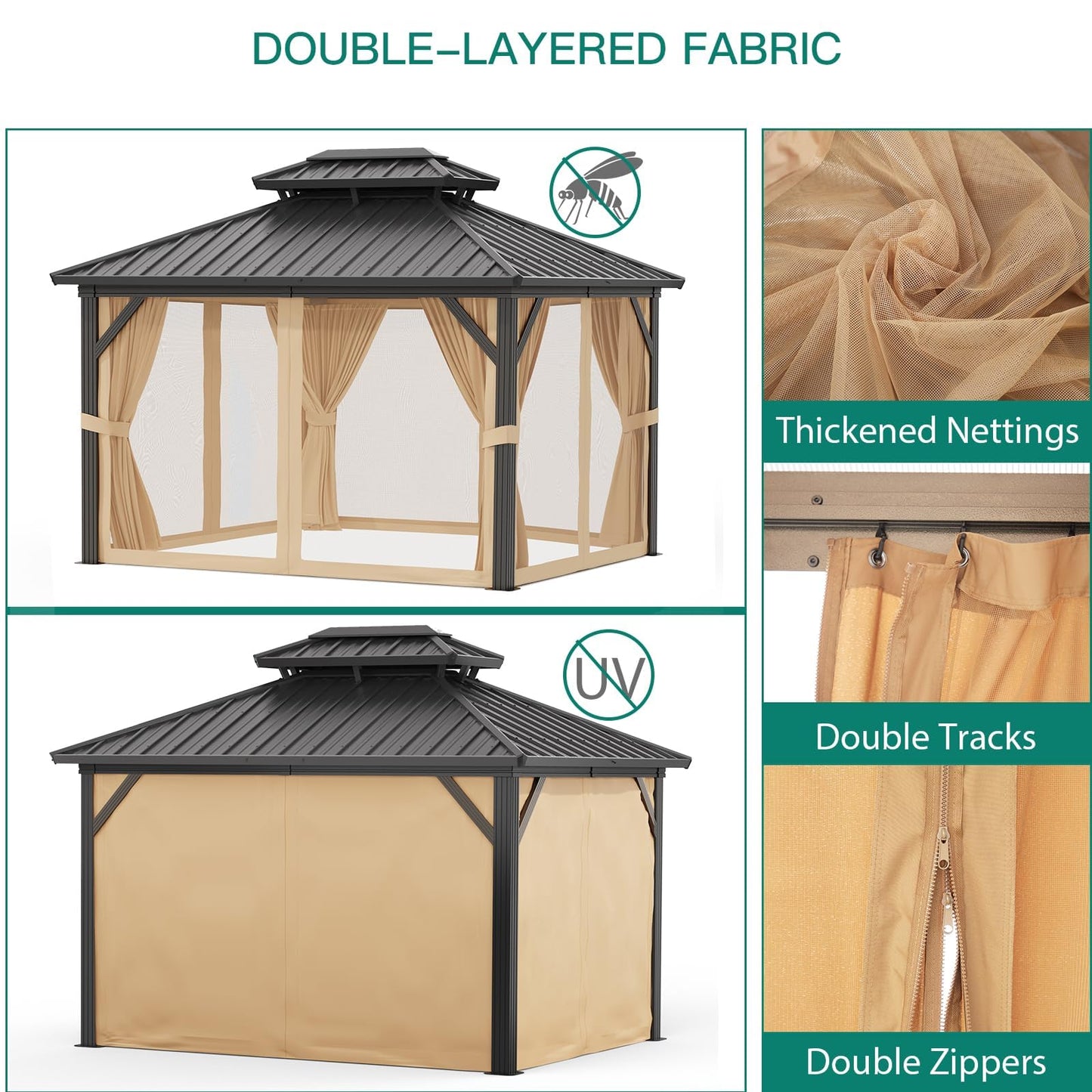 10' x 12' Hardtop Gazebo, All-Weather Aluminum Frame Outdoor Canopy with Double Polycarbonate Roof, Permanent Outdoor Gazebo with Netting & Curtains for Garden, Lawns, Patio, Khaki.