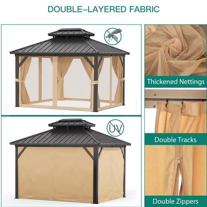 10' x 12' Hardtop Gazebo, All-Weather Aluminum Frame Outdoor Canopy with Double Polycarbonate Roof, Permanent Outdoor Gazebo with Netting & Curtains for Garden, Lawns, Patio, Khaki.