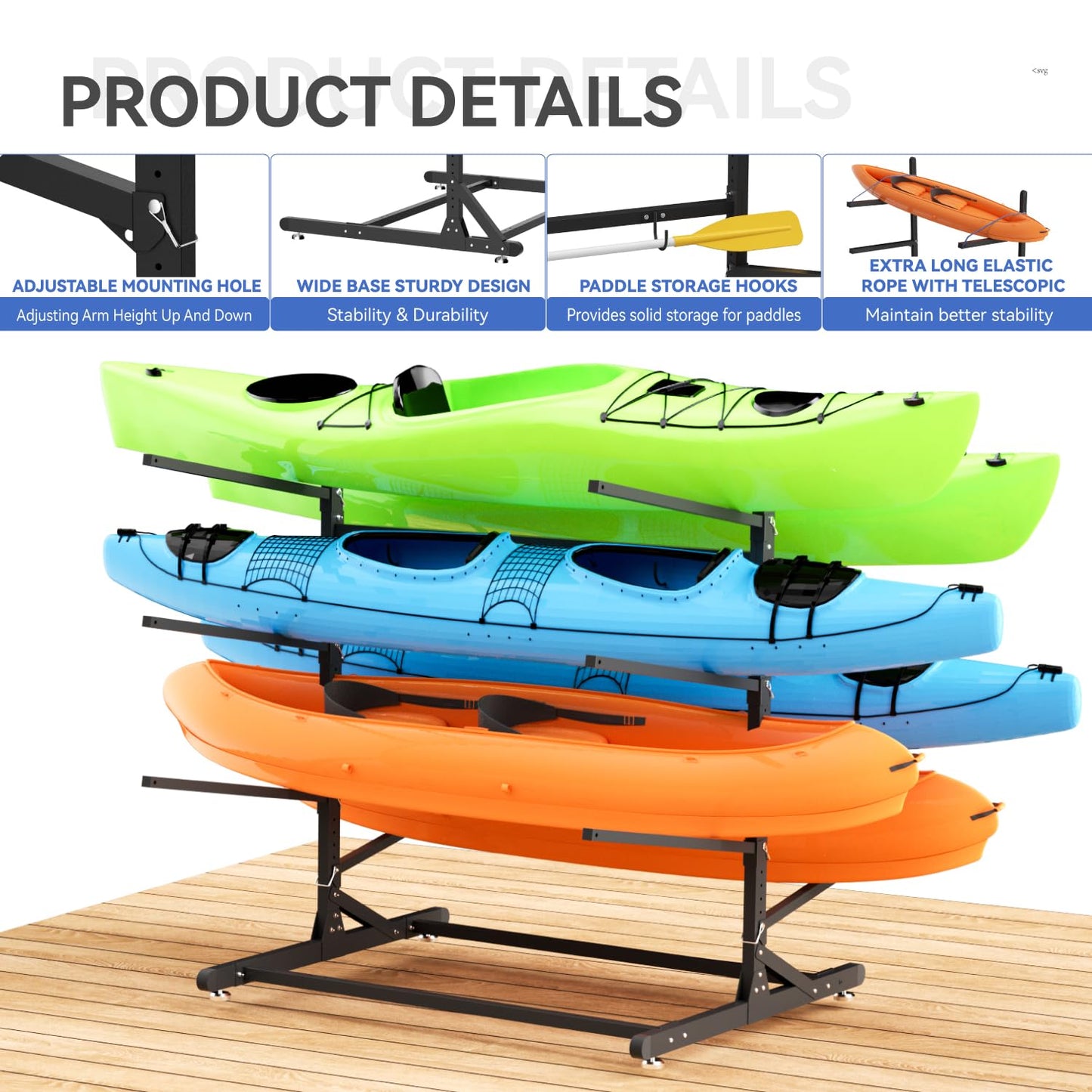 LNEUIE Kayak Storage Rack, Heavy Duty Kayak Rack for Garage, 6 Level Adjustable Kayak Stand Holds Up to 600 lbs for Kayaks, Paddleboards, Surfboards, Indoor Outdoor Kayak Holder(6 Kayaks)