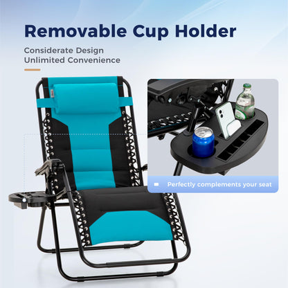 MAISON ARTS Oversized Zero Gravity Chairs Set of 2, Folding Padded Recliner Anti Gravity Lounge Chair with 28" Wide Seat and Cup Holder, Support 400lbs, Aqua