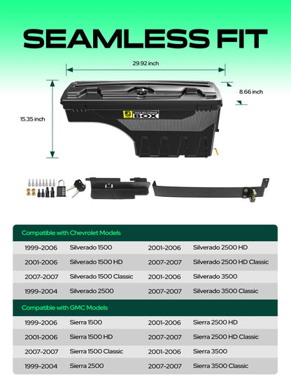 YHTAUTO Truck Bed Storage Tool Box Lockable Compatible with 1999-2007 Chevy Silverado GMC Sierra 1500/2500/3500 & HD(Fit 2007 Classic), Driver Side, Swing Waterproof Wheel Well ToolBox