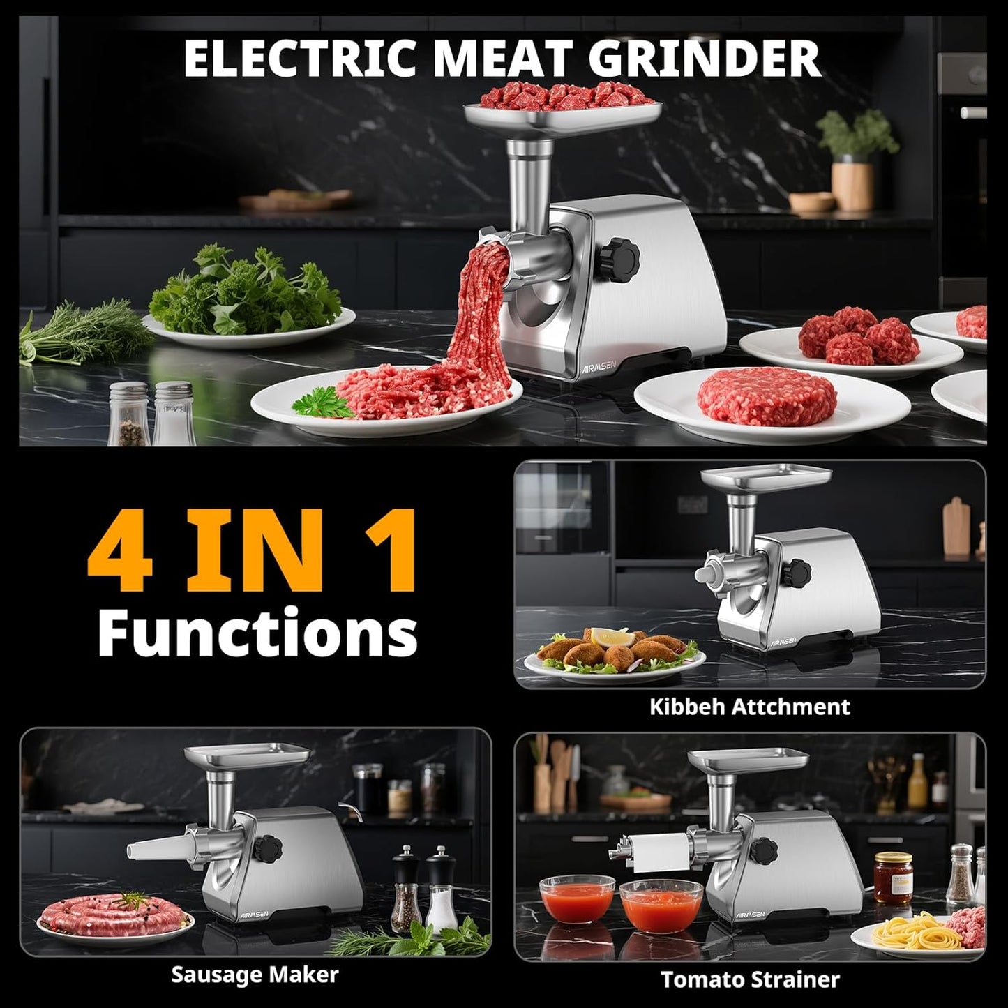 AIRMSEN Electric Meat Grinder & Tomato Sauce Press - Heavy Duty Food Mill for Grinding Meat & Making Sauces