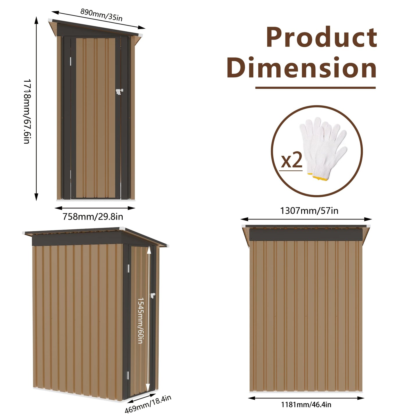 KEIKI 4.27x2.42 FT Lean-to Metal Storage Shed, Outdoor Garden Storage Cabinet w/Pent Roof & Lockable Door, Backyard Storage House w/Side Hinged Door for Patio Lawn Equipment Bike Storage, Brown