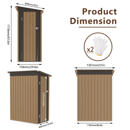 KEIKI 4.27x2.42 FT Lean-to Metal Storage Shed, Outdoor Garden Storage Cabinet w/Pent Roof & Lockable Door, Backyard Storage House w/Side Hinged Door for Patio Lawn Equipment Bike Storage, Brown