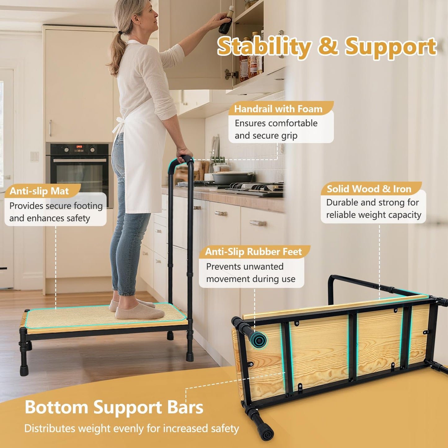 Bed Step Stool with Adjustable Handle for Elderly, Medical Step Stool for Bedside for Adults, 31.5" Long Safety Step Platform, Bed Stool for High Beds, Heavy Duty SUV Stepping Stool with Anti-Slip Mat