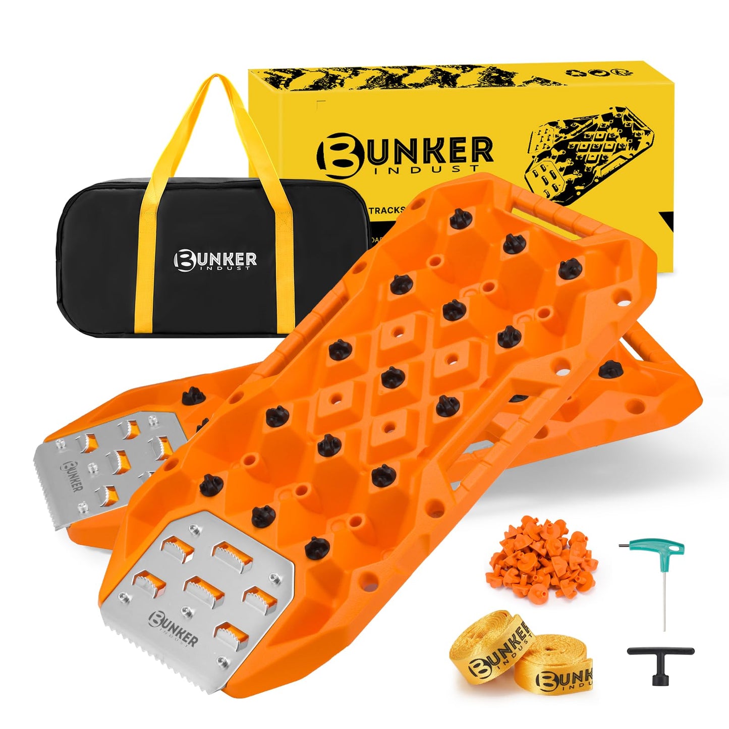 BUNKER INDUST Offroad Traction Boards with Jack Base, Pair Portable Recovery Track Tire Traction Mat - Orange Sand,Mud,Snow Tracks(Replaceable Dual Colors Teeth/Rugged Steel Plate), Gen 12th