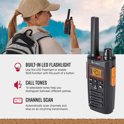 Cobra RX680 Walkie Talkies (2-Pack) - Rugged & Splashproof Two Way Radios Long Range, IP54 Water Resistant Design, 60 Pre-Programmed Channels, Weather Alerts, Included Charging Dock (Black/Orange)