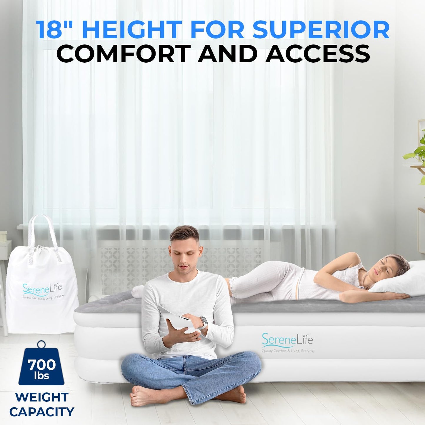 SereneLife Full Size Air Mattress with Built-in Pump | 55-Inch Wide Raised Inflatable Mattress for Guests, Camping & Travel, Constant Comfort Technology, Plush Top, Storage Bag Included