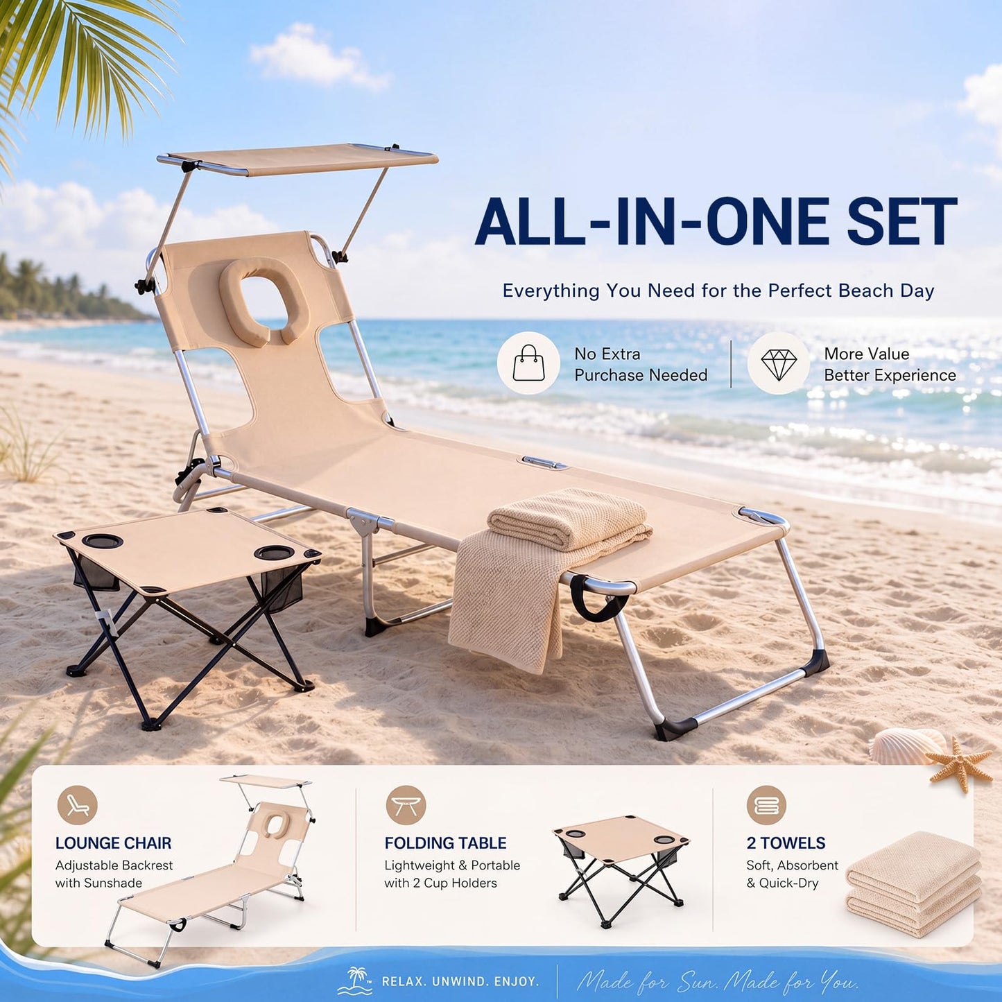 Karenhi 3 Pcs Beach Lounge Chair Set with Table and Face Hole, Adjustable Tanning Recliner with Canopy, 2 Replaceable Towels Portable Folding Design for Outdoor, Poolside, Patio and Sunbathing