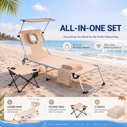 Karenhi 3 Pcs Beach Lounge Chair Set with Table and Face Hole, Adjustable Tanning Recliner with Canopy, 2 Replaceable Towels Portable Folding Design for Outdoor, Poolside, Patio and Sunbathing