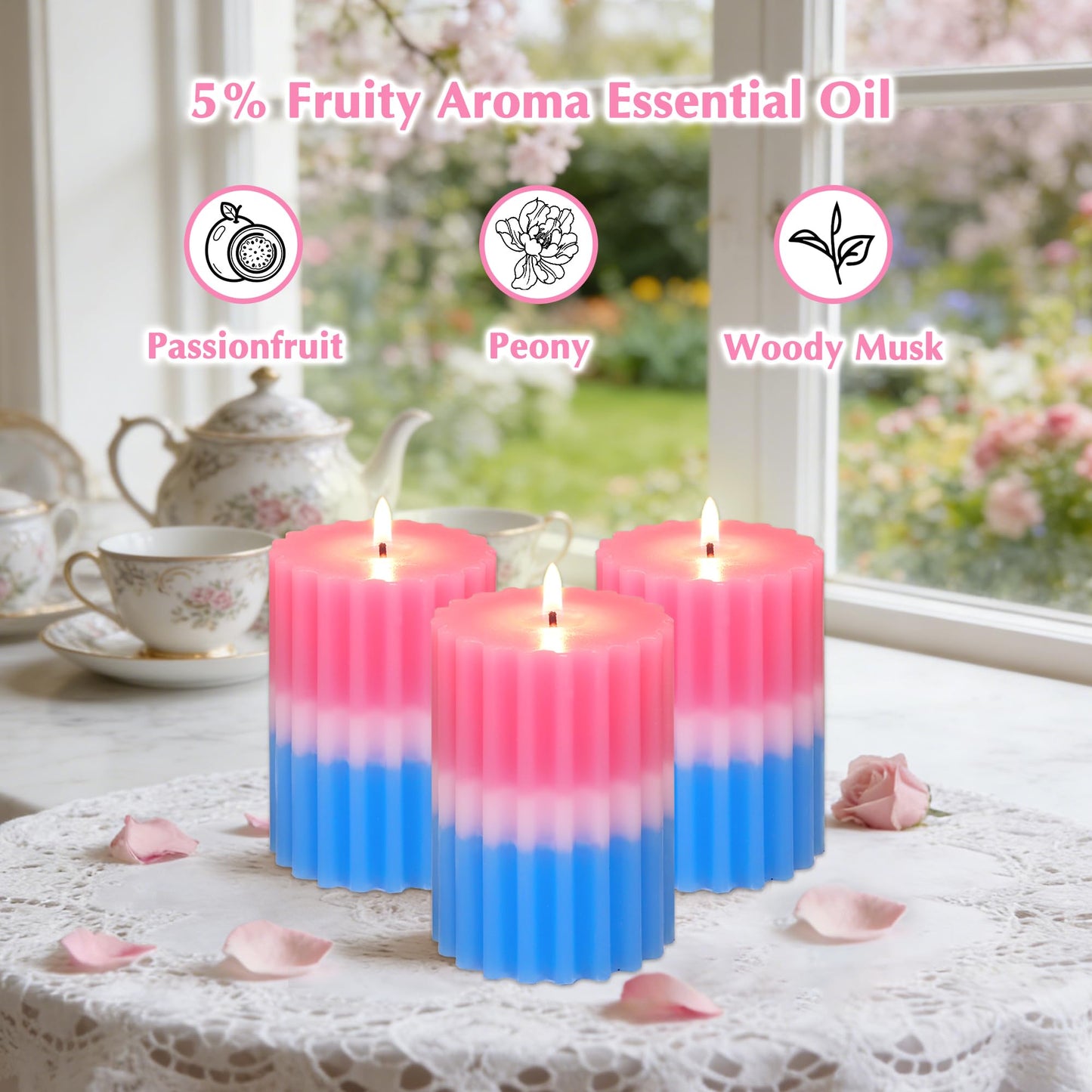 FLAVCHARM Ribbed Pillar Candles Fruity Floral Scented Pink Blue Ombre 3×4 Inch Candle Handcrafted Aesthetic Romantic Aromatherapy Candles for Home Decor Wedding Party Housewarming Gift
