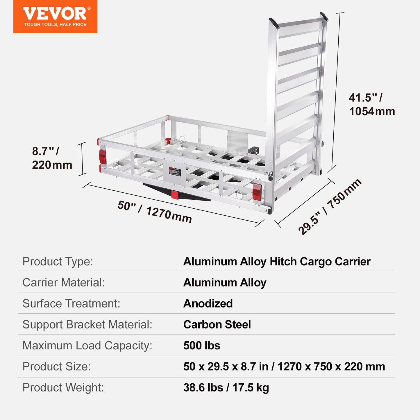 VEVOR 50 x 29.5 x 8.7 in Hitch Cargo Carrier, 500lb Capacity Trailer Hitch Mount Aluminum Cargo Basket with Folding Ramp, Luggage Carrier Rack Fits 2" Hitch Receiver for SUV Truck Pickup Camping