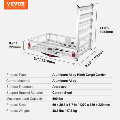 VEVOR 50 x 29.5 x 8.7 in Hitch Cargo Carrier, 500lb Capacity Trailer Hitch Mount Aluminum Cargo Basket with Folding Ramp, Luggage Carrier Rack Fits 2" Hitch Receiver for SUV Truck Pickup Camping