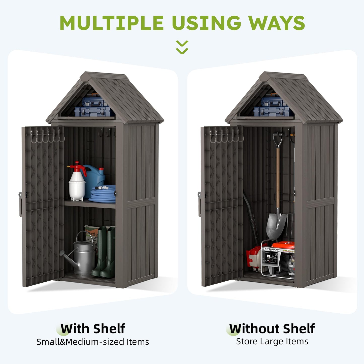WTFGO Vertical Outdoor Storage Shed, Waterproof Resin Outdoor Storage Cabinet with Removable Shelves & 12 Hooks, Lockable Small Tool Shed for Garden, Backyard, Patio, Pool, Gray
