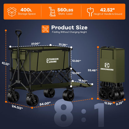 400L Double Decker Wagon Collapsible with 54" L Tailgate, 560lbs Heavy Duty Wagons Carts Foldable, Extra Large Folding Beach Wagon with Big All-Terrain Wheels for Camping, Sports, Groceries, Green