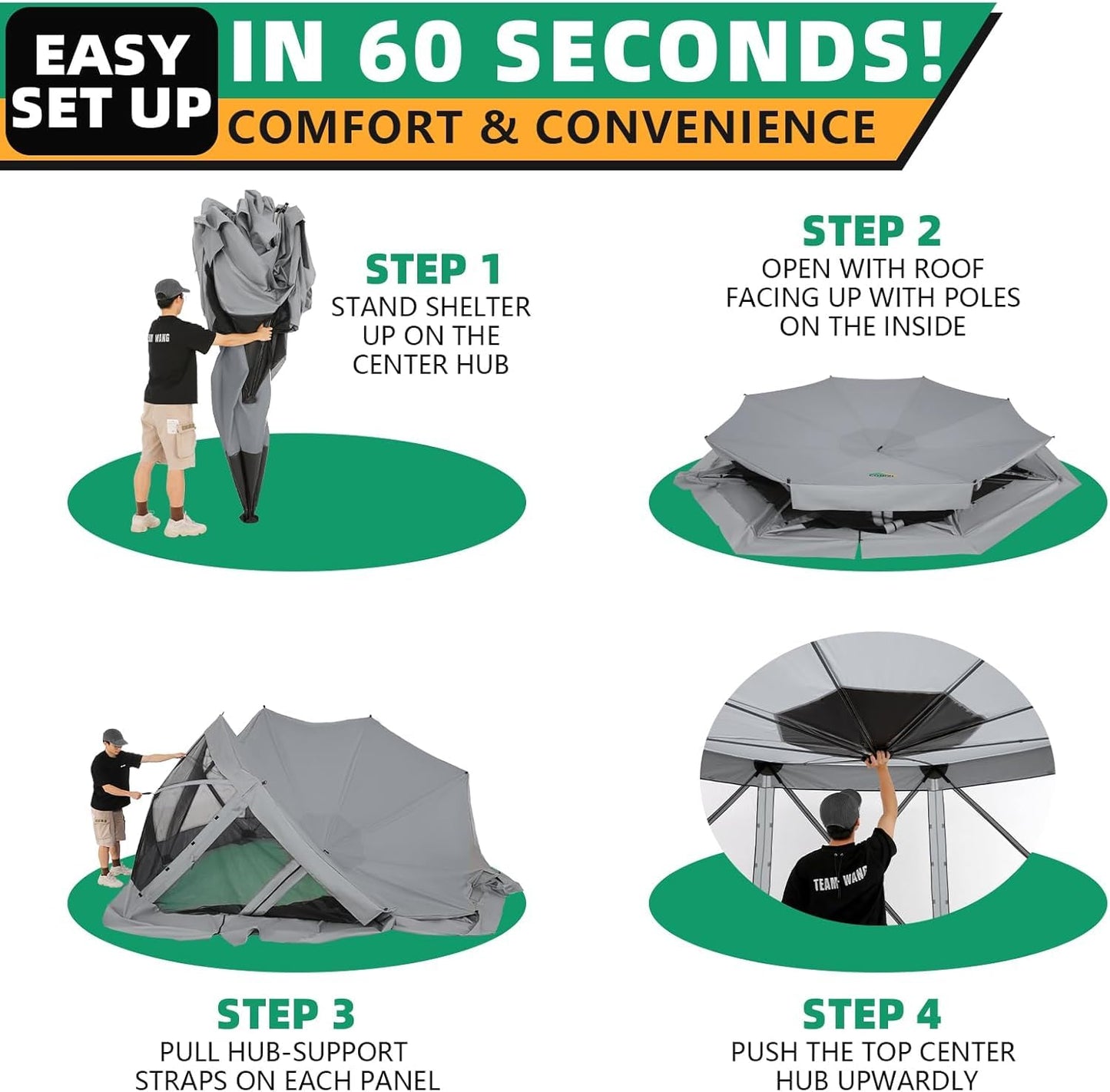 COBIZI Pop Up Gazebo Screen Tent Screen House for Camping, 15x15 Screen Room with Mosquito Netting, Hub Tent Instant Screened Canopy with Carrying Bag and Ground Stakes, Gray