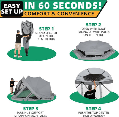 COBIZI Pop Up Gazebo Screen Tent Screen House for Camping, 15x15 Screen Room with Mosquito Netting, Hub Tent Instant Screened Canopy with Carrying Bag and Ground Stakes, Gray