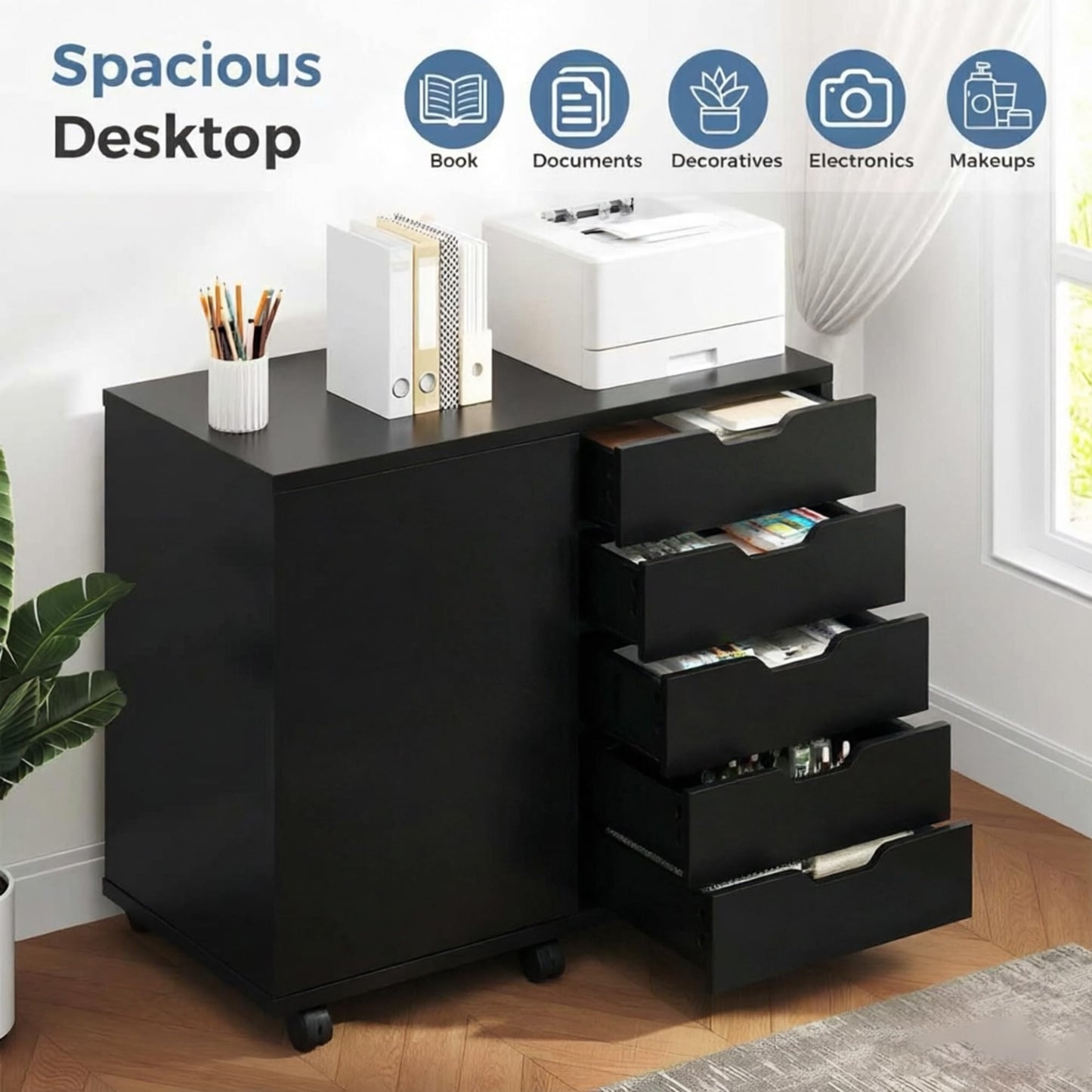 DUMOS 5 Drawer File Cabinet Office Drawers Organizer with Wheels Rolling, Under Desk Cabinets with Shelves and Door Printer Stand with Wood Board Metal Frame for Home Office Storage Craft Room, Black