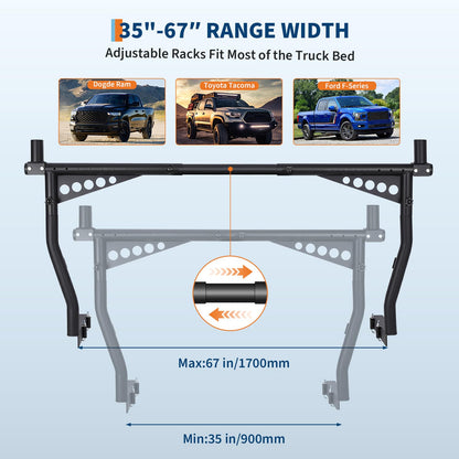Universal Truck Ladder Rack 1000 Lbs Capacity, Adjustable Steel Pickup Bed Rack 52"-82" Crossbar for Kayak, Lumber, Ladder, Rooftop Tent, Surfboard – No-Drill Heavy Duty Rack for Pickup Trucks