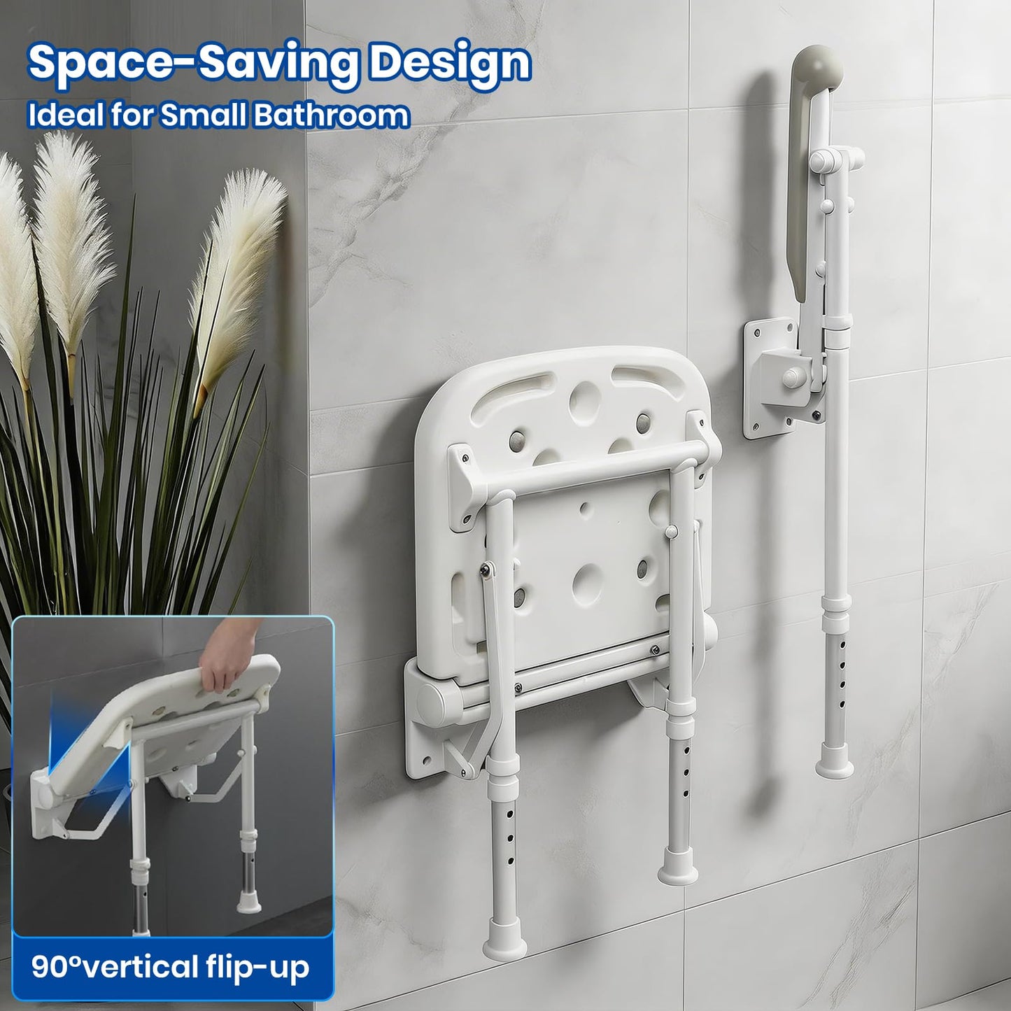 Caredear Folding Shower Seat with Adjustable PU Grab Bar, 550lbs Heavy Duty Fold Down Bath Bench with Legs, Non-Slip Comfort Grip and Removable Cushion, Wall Mounted Chairs for Seniors