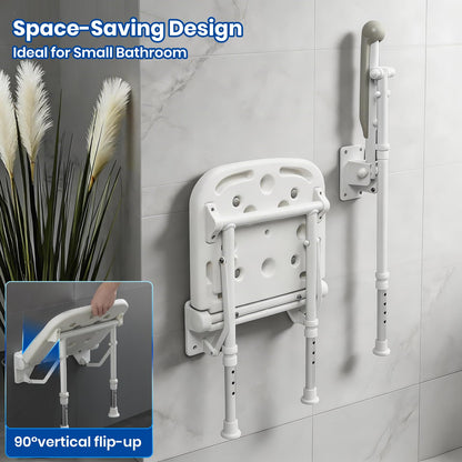Caredear Folding Shower Seat with Adjustable PU Grab Bar, 550lbs Heavy Duty Fold Down Bath Bench with Legs, Non-Slip Comfort Grip and Removable Cushion, Wall Mounted Chairs for Seniors
