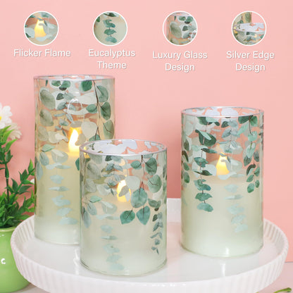Immeiscent Green Glass Flameless Candles Remote Timer Eucalyptus Leaves Greenery Design Battery Operated Flicker Pillar Candle for Wedding Centerpiece Spring Easter Farmhouse Home Decoration, Set of 3