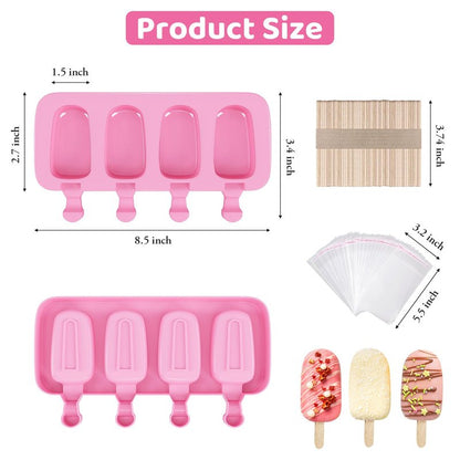Ouddy Life Popsicle Molds Set of 2, Ice Pop Molds Silicone 4 Cavities Ice Cream Mold Oval Cake Pop Mold with 50 Wooden Sticks for DIY Popsicle, Pink