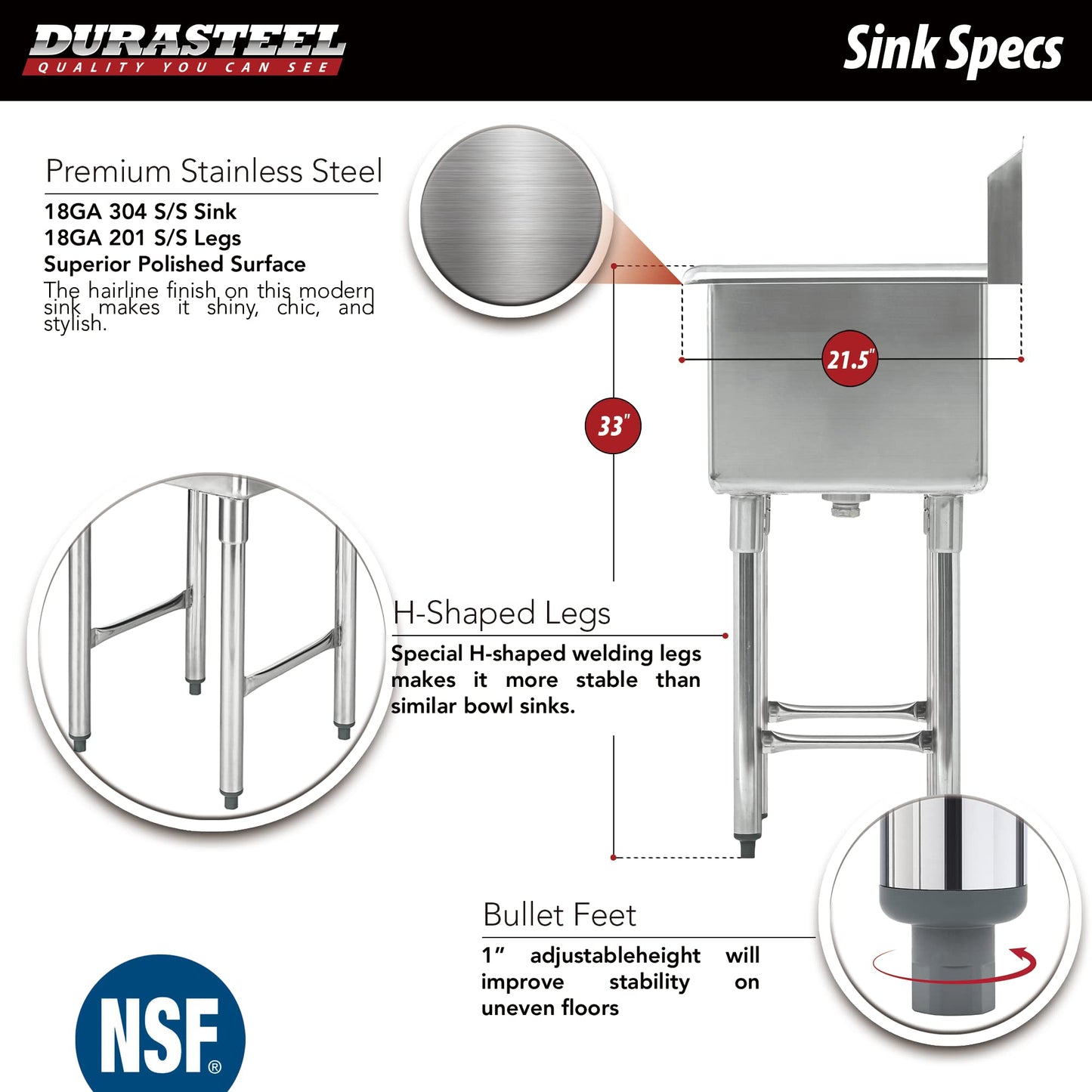 DuraSteel 304 Commercial Stainless Steel Utility Sink - 18 Inch Tub Freestanding Prep Kitchen Sink w/ Faucet - NSF Hand Wash Station for Kitchen Sinks, Outdoor, Laundry Room, Garage Small Kitchenette