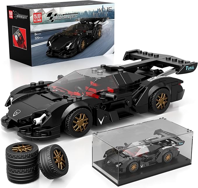 Mould King Super Sports Car Building Set with Display Case 355 Piece Race Car Model Construction Toy for Kids Ages 8+ and Adults Collectible Vehicle Building Blocks Kit