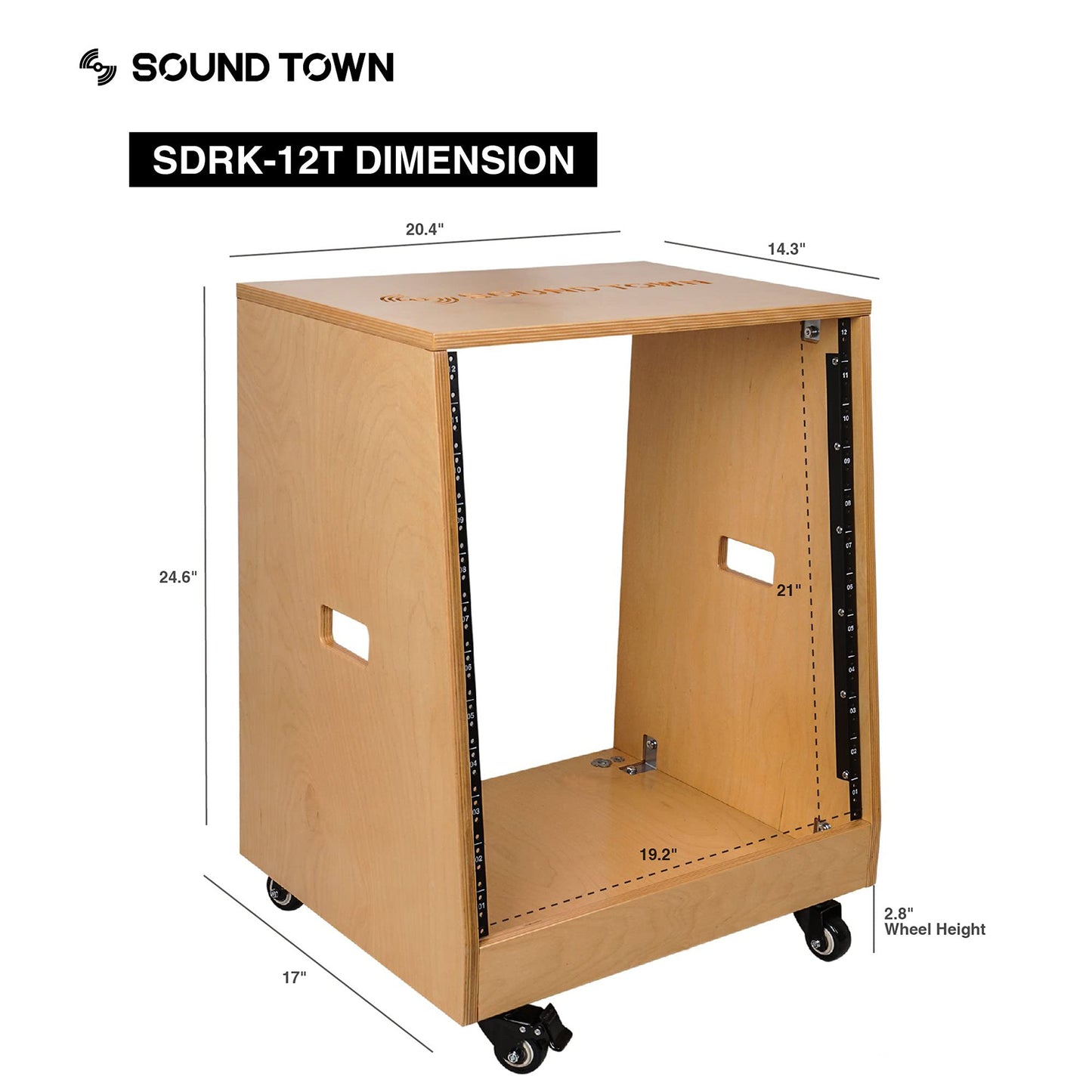 Sound Town DIY Solid Baltic Birch Plywood Slanted 12U Studio Rack, Golden Oak, Rubber Feet, Casters (SDRK-12T)