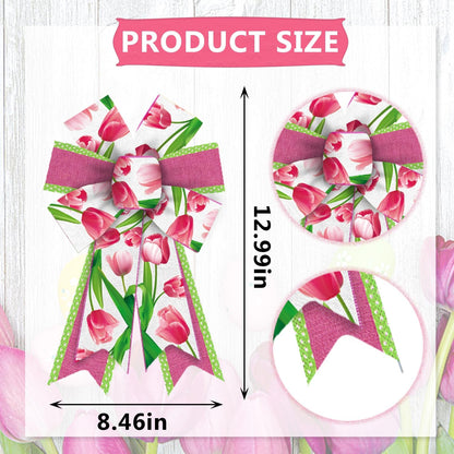 Threetols Floral Wreath Bows - 2 Pack Pink Tulip Decorative Bows for Indoor/Outdoor Home & Garden Decor