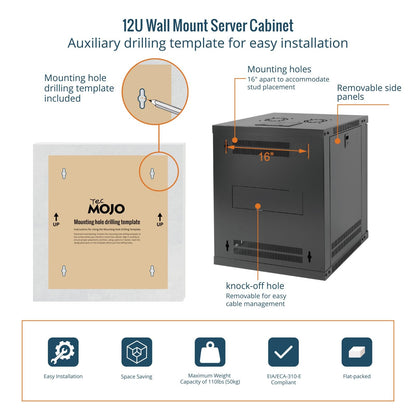 Tecmojo 12U Wall Mount Rack with Thermostat, 17.7inch Depth Enclosed Server Cabinet with 2 Cooling Fans,Lockable Door & Hardware,12U Rack for 19inch Equipments,Glass Door