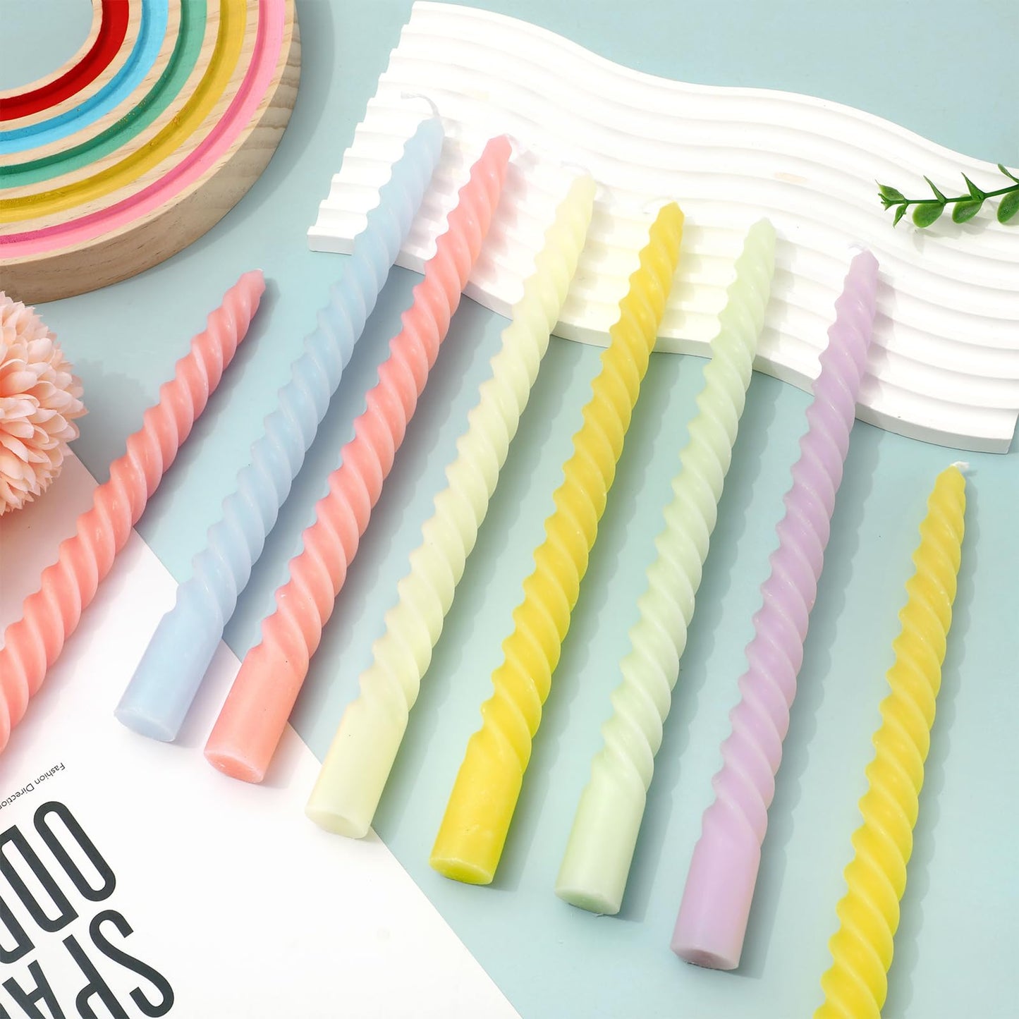 Whaline 12Pcs 10 Inch Cream Spiral Taper Candles 6 Colors Dripless Twisted Wax Candles Long Unscented Smokeless Candle Sticks for Holiday Birthday Celebration Home Party Dining Table Supplies