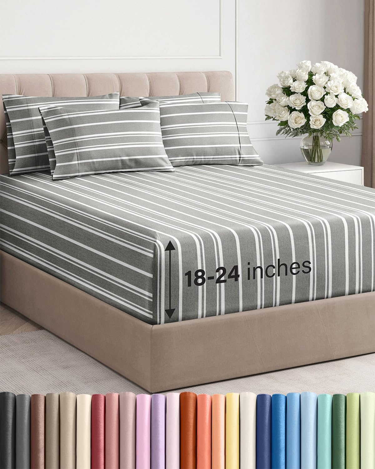 Skiennix Extra Deep King Sheet Set - 6 Piece Breathable Cooling Bedding - Soft Wrinkle-Free Grey Stripes