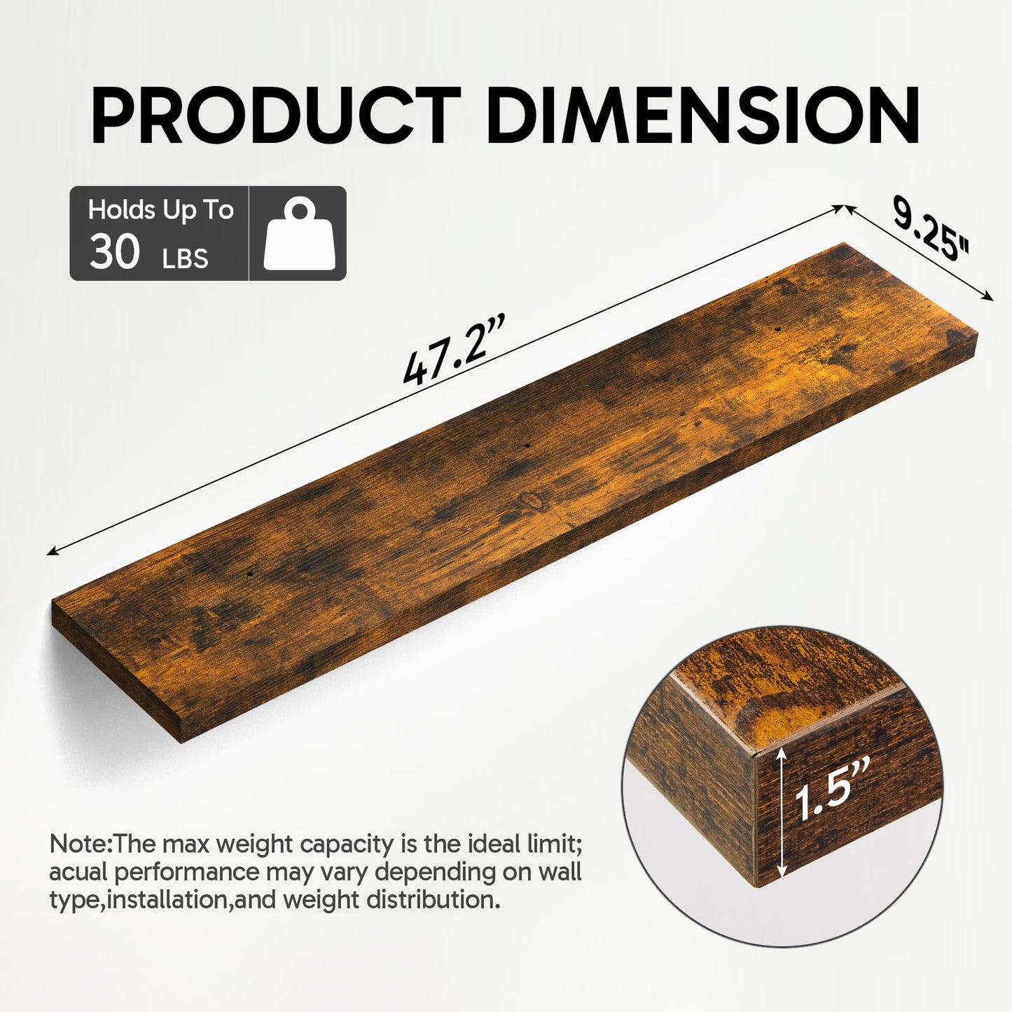 BAYKA Floating Shelves Set of 2, 47.2 inches Long Wall Mounted Rustic Wood Shelves for Bathroom, Bedroom, Living Room, Kitchen, Office, Hanging Shelf for Books/Storage/Decor, Rustic Brown