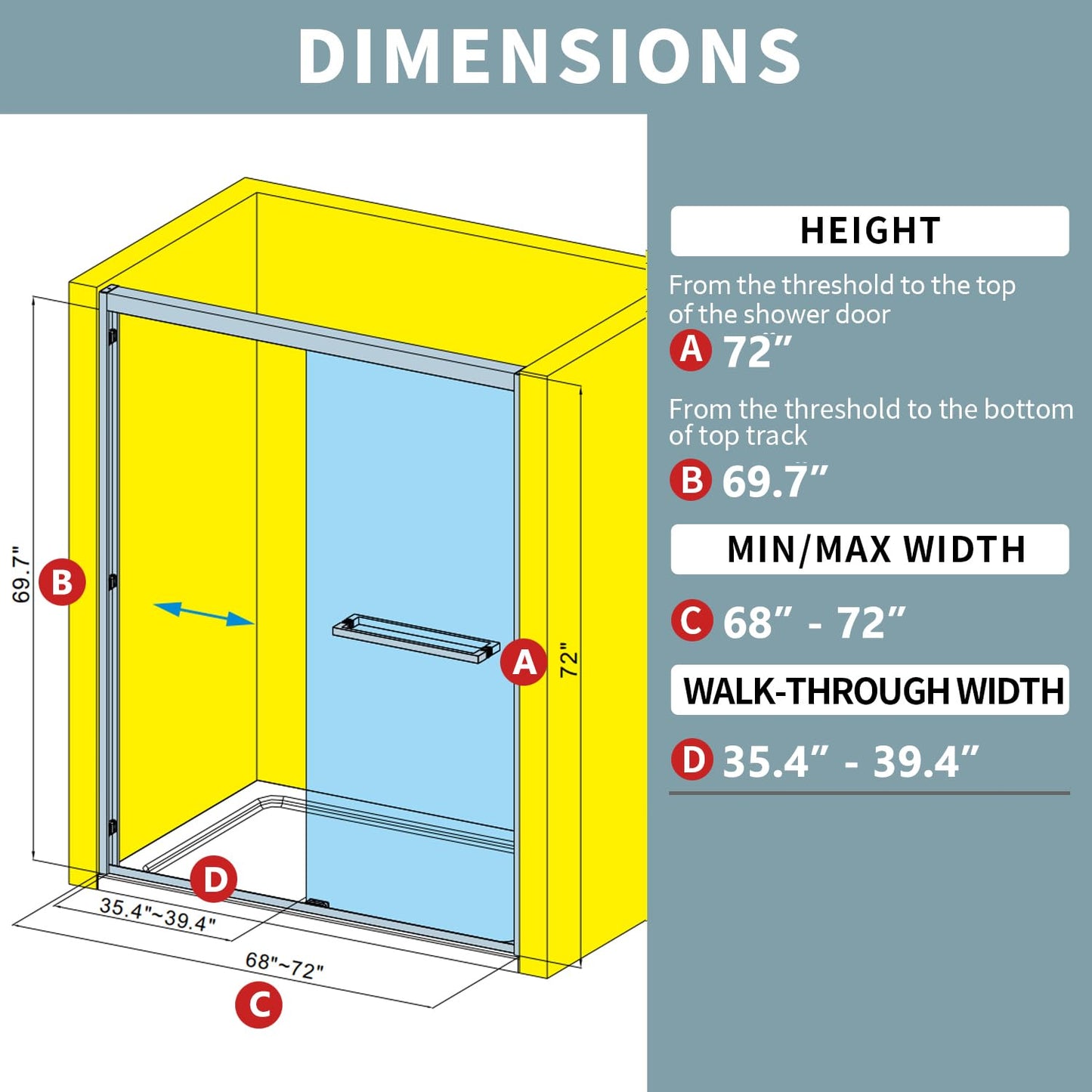 YTTSOYTS 68-72" W x 72" H Double Sliding Shower Door, Shower Glass Door with 5/16" (8mm) Clear SGCC Tempered Glass, Stainless Steel Hardware, Nano Easy-Clean Coating, K01 (72"x72" Matte Black)