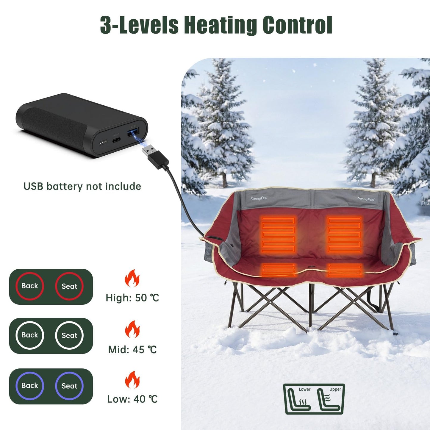 SUNNYFEEL Heated Double Camping Chairs Padded Loveseat Chair for 2 Person Heavy Duty Oversized Camping Couch 600lbs for Adults Portable Outdoor Lawn Chair with Cup Holder for Outdoor Patio RV Camping